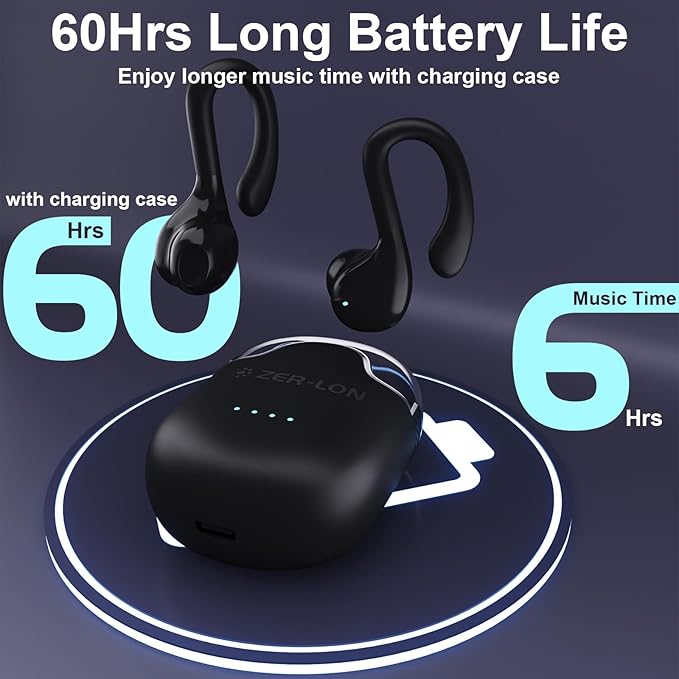 ZER-LON Wireless Earbuds, Bluetooth 5.3 Headphones 60hrs Playtime Noise Cancelling Wireless Headphones Waterproof Over-Ear Buds with Earhooks Built-in Mic Headset for Workout Sports (Black)