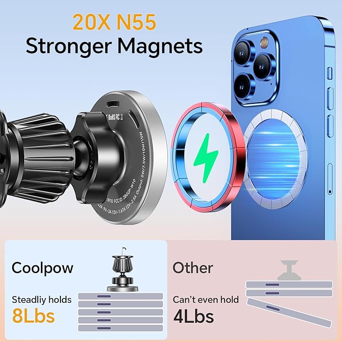 Coolpow for MagSafe Car Mount Charger【Ultra Magnet】 Magnetic Phone Holders for Your Car Charger【Windshield+Vent+Dash】 Magnetic Wireless Car Phone Holder Charger Car Mount for iPhone 17 (Gray)