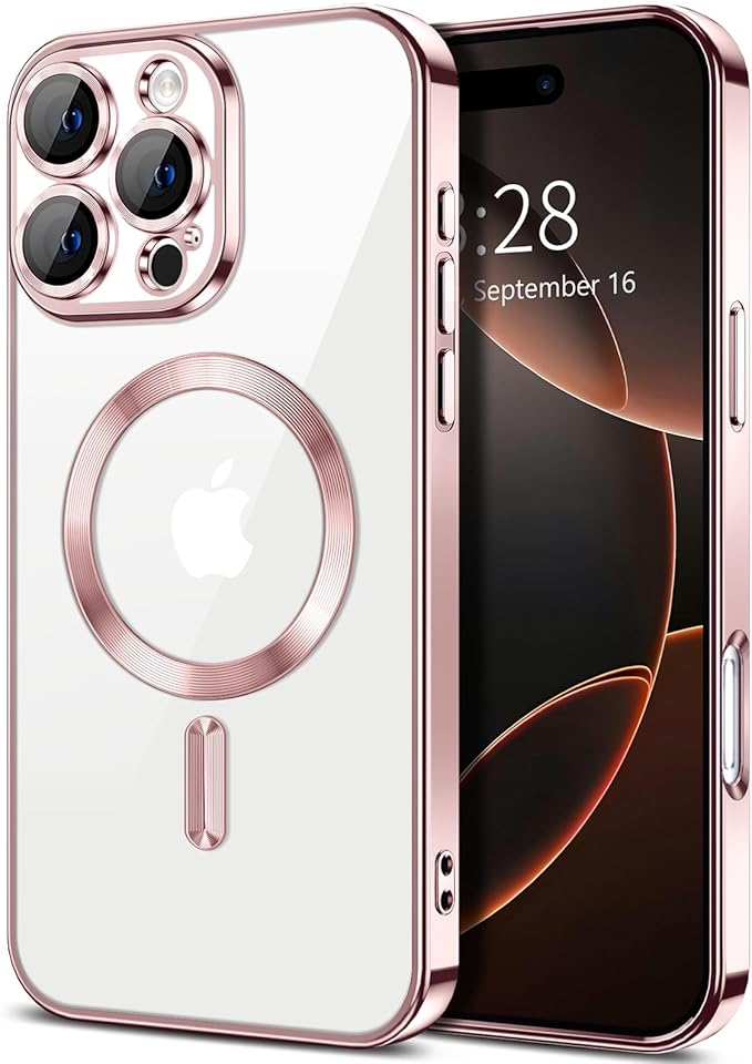 Hython Magnetic Clear for iPhone 16 Pro Case with Camera Lens Protector [Compatible with MagSafe] Luxury Plating Edge Slim Soft TPU Cover Protective Phone Case for iPhone 16 Pro 6.3", Pink