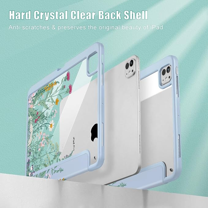 May Chen for iPad Pro 13 Inch Case M5 2025 / M4 2024, Built Pencil Holder & Clear Transparent Print Back Shell Slim Stand Shockproof Tablet Cover, Auto Wake/Sleep, Herbs Flowers