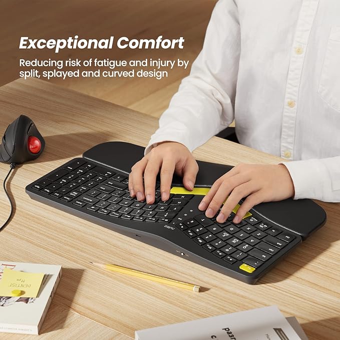 Nulea Wireless Ergonomic Keyboard, Split Keyboard with Wrist Rest, USB-C Charging, 7-Color Backlight, Natural Typing, Bluetooth and USB Connectivity, Compatible with Windows/Mac