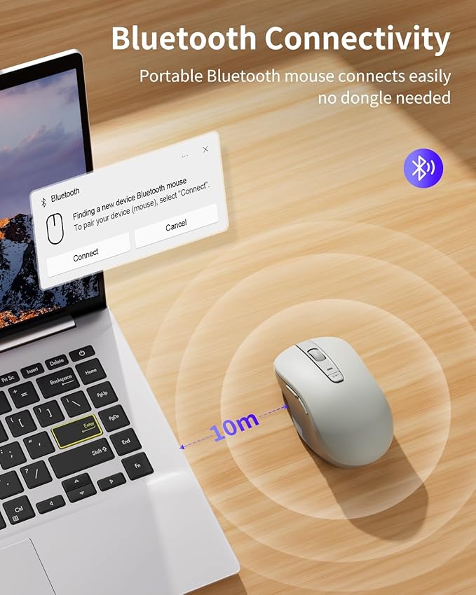 WL300 Bluetooth Mouse Silent Wireless Mice, Quiet Click, Cordless Computer Mouse with 6 Buttons, Sculpted Grip, Adjustable DPI for Laptop, PC, Mac, 18-Month Battery Life for Work Travel（Silver-Gray)