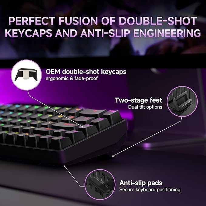 DIERYA DK68 Wireless Mechanical Keyboard, 60% Gaming Keyboard with Blue Switch, Triple Mode 2.4GHz/USB-C/BT5.0, RGB Backlit, Anti-Ghosting Keys, 68 Keys Portable Mini Wired Office Keyboard-Black
