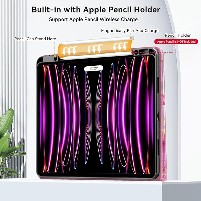 Zonefoker Case for New iPad Pro 12.9 inch 6th/5th/4th/3rd Generation 2022/2021/2020/2018, 12.9'' ipad Pro Leather Folio Protective Cover 6/5/4/3 Gen with Pencil Holder, Auto Wake/Sleep, Marble Pink