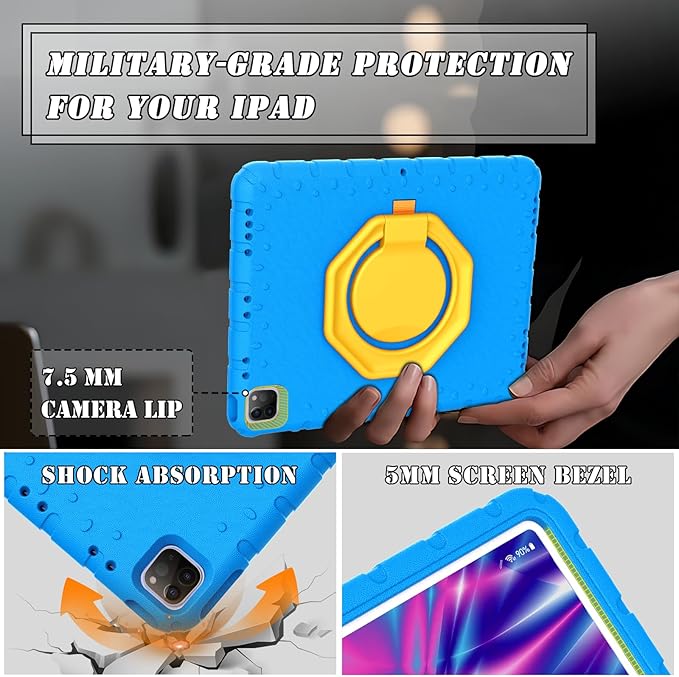 for iPad Pro 12.9 Case 3rd 4th 5th 6th Generation with Pencil Holder & 360° Rotating Handle Stand, New Cute Rugged Cover for iPad Pro 12.9 inch 2022/2021/2020/2018 - Blue