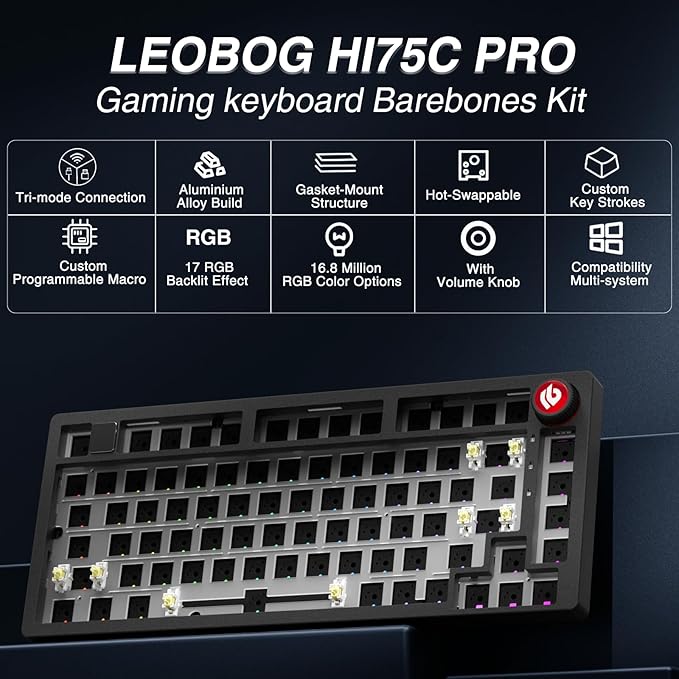 LEOBOG Hi75C Pro Wireless Mechanical Keyboard Kit – Aluminum Alloy Gasket Mount 75% Barebones DIY Base with Hot Swap, RGB Backlighting & Volume Knob – Enhanced Custom Gaming Keyboard Build, 4000mAh