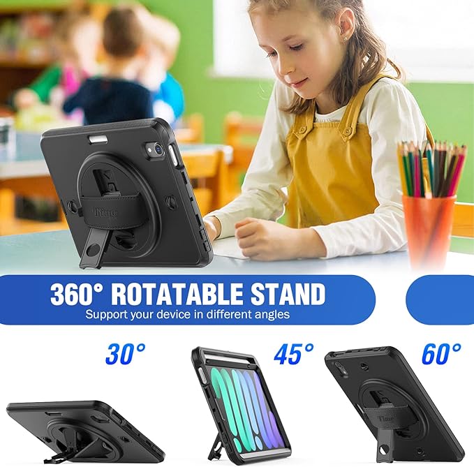 Timecity Case for iPad mini 7 (A17 Pro) 2024/ Mini 6 8.3'' - Heavy Duty Protective Cover with Screen Protector, Rotating Stand, Shoulder Strap & Pencil Holder, Case for iPad mini 7th/6th Gen Black