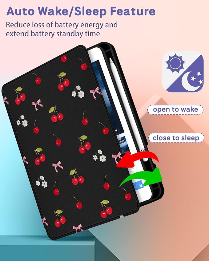 Uppuppy for iPad mini 4 Case for iPad mini 5th Generation Case - 360 Rotating Stand Folio Smart Cover with Pencil Holder for Women Girls, Cherry Bow Flowers for Apple Tablet Mini 7.9 inch 2019/2015