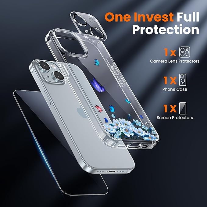 toushion 3 in 1 for iPhone 15 Plus Case Clear Printed Design | Yellowing-Resistant Acrylic Back, Screen Protector *1 & Camera Lens Protector*1, Military-Grade Protection