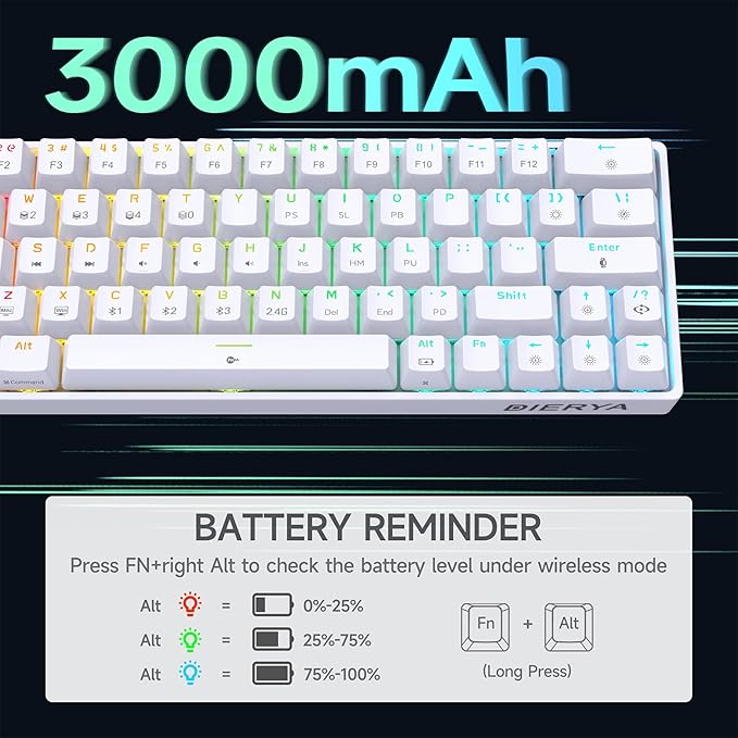 DIERYA DK63 60% Wireless Mechanical Gaming Keyboard | Bluetooth/2.4G/Wired Keyboard | RGB Backlit Compact 63 Keys Mini Office Keyboard | with Blue Switch | for Windows Laptop PC Gamer Typist-White