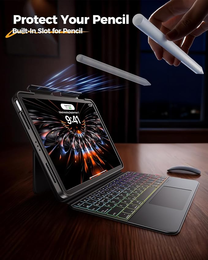 Clear Magnetic Keyboard Case for iPad Pro 13 Inch M5/M4 2025/2024, 7-Color Backlit & Multi-Touch Trackpad, Detachable 360 Rotation & Up-Down Lift Protective Case w/Stand, Black