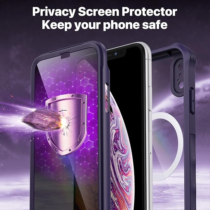 CENHUFO Magnetic Privacy for iPhone X Case/iPhone Xs Case, Full Body Phone Case Built-in 9H Tempered Glass Privacy Screen Protector [Compatible with Magsafe] Shockproof Bumper Clear Cover -Purple