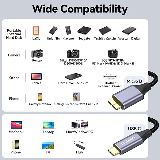 External Hard Drive Cable USB C 1.5FT, 10Gbps Micro B 3.0 to Type C Cord Wire Replacement for Seagate Toshiba WD My Passport LaCie Hard Disk, PC, Laptop, MacBook Pro/Air, Tablet