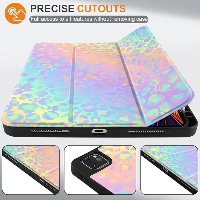 DONGKE Case for 2022/2021/2020/2018 iPad Pro 11 inch Gen 4/3/2/1 - Slim Protective Case - Built in Pencil Holder Support Charging - Trifold Stand & Sleep/Wake Cover - Colorful Leopard