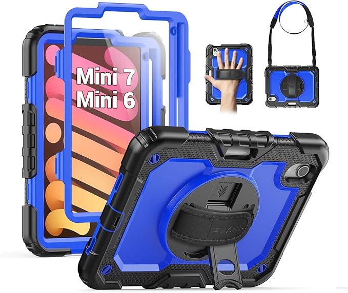 SEYMAC Case for iPad mini 7 (A17 Pro) 2024/ Mini 6 8.3″, Full-Body Shockproof Protective Case with Screen Protector, Rotating Stand, Hand/Shoulder Strap for iPad mini 7th/ 6th Generation, Dark Blue