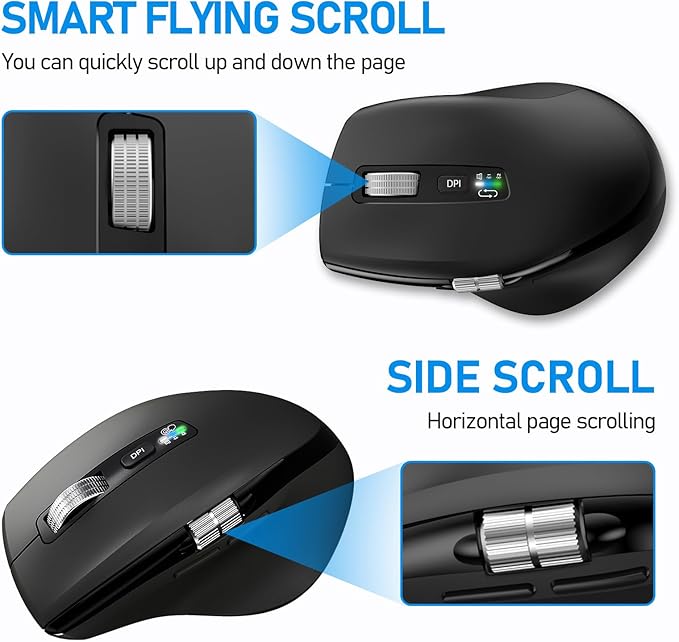 INFINMIND Wireless Bluetooth Side Scroll Mouse with Multi-Device, Ergonomic Computer Mice with Smart Flying Scroll, Quiet Click 4-Level DPI for Computer, Laptop, iPad, Tablet, MacBook (Black)