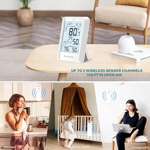 Indoor Outdoor Thermometer Wireless Weather Station with 330FT Range Remove Sensor Inside Outside Digital Hygrometer Thermometer Battery Powered Temperature Gauge Humidity Monitor with Clock&Backlight
