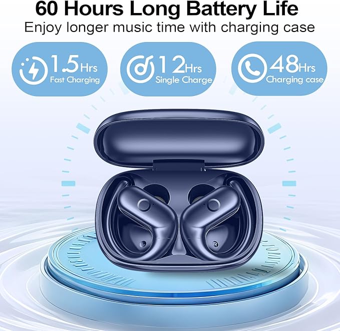 xiwxi Wireless Earbuds Bluetooth Headphones,Over Ear Buds for Sport with Deep Bass Sound,60Hrs Playtime Earphones Designed Comfort Fit with Earhooks for Running,Meeting,Workout-Blue