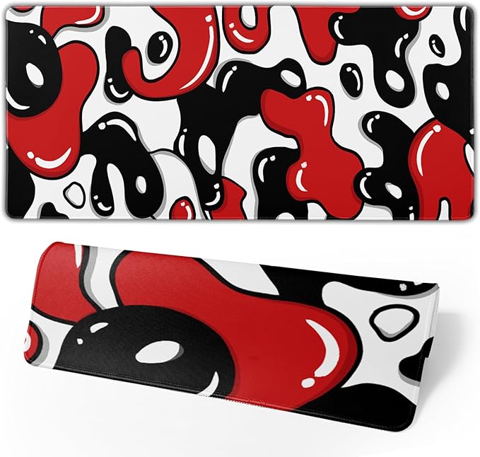 Red Black White Gaming Mouse Pad Desk Pad Large 35.4x15.7 Inch Japanese Anime Geometric Gaming Mouse Pad Extended Non-Slip Rubber Base Stitched Edge Japanese Desk Mat for Gamer Office Home Work