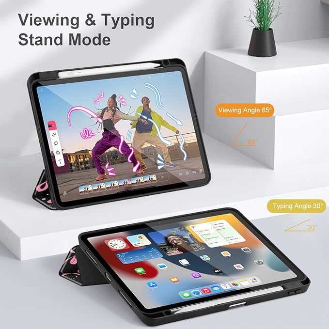 May Chen for iPad Pro 13 Inch Case M5 2025 / M4 2024, Built Pencil Holder & Clear Transparent Print Back Shell Slim Stand Shockproof Tablet Cover, Auto Wake/Sleep, Black Bows