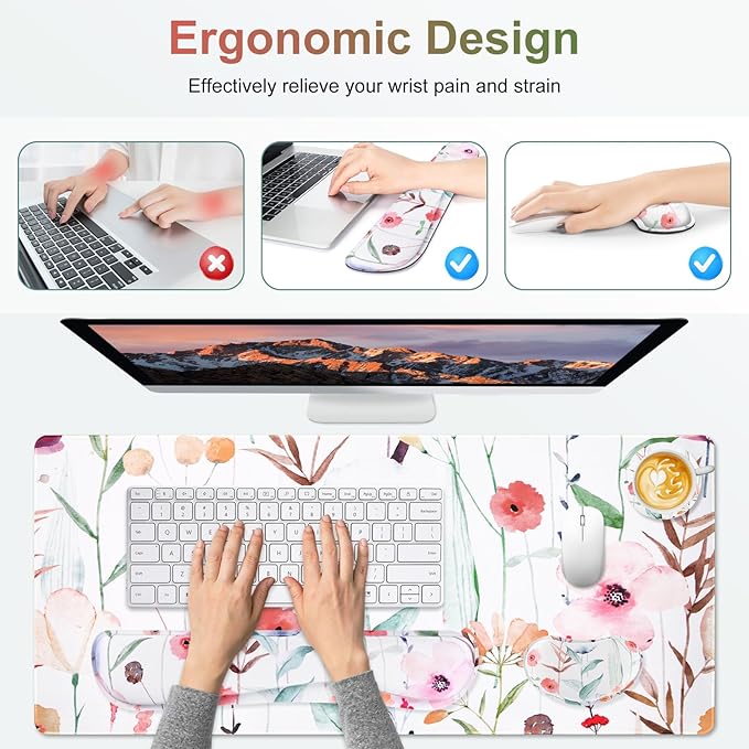 Large Gaming Mouse Pad Set, 4 in 1 Extended Keyboard Desk Mat with Wrist Rest, PC Computer Game Mousepad Set, Non-Slip Desk Pad Easy Typing Pain Relief for Home Office I Orange Flowers