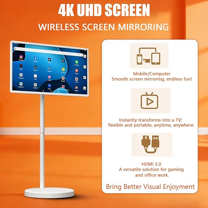 21.5"/24"/27"/32" Portable Smart Screen On Wheels, 4K Touchscreen Display, Build-in 4K Camera, Rolling TV, Built-in Battery (6-8H), Remote Control, 8+128GB Storage 24inches