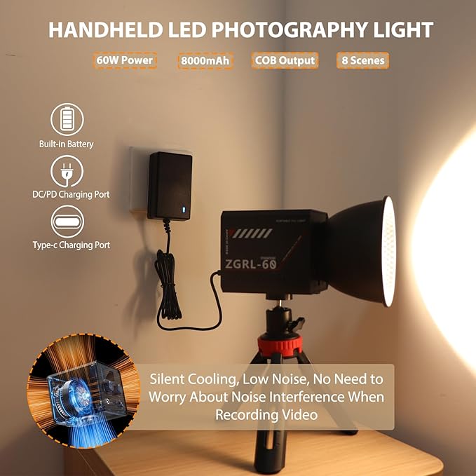 60W COB LED Video Light Handheld Portable with 8000 mAh Battery Dual-Color Photography Lighting Spotlight for Studio, Streaming, Phone Video, 2800K-6500K, 8 Lighting Effects, CRI ≥95