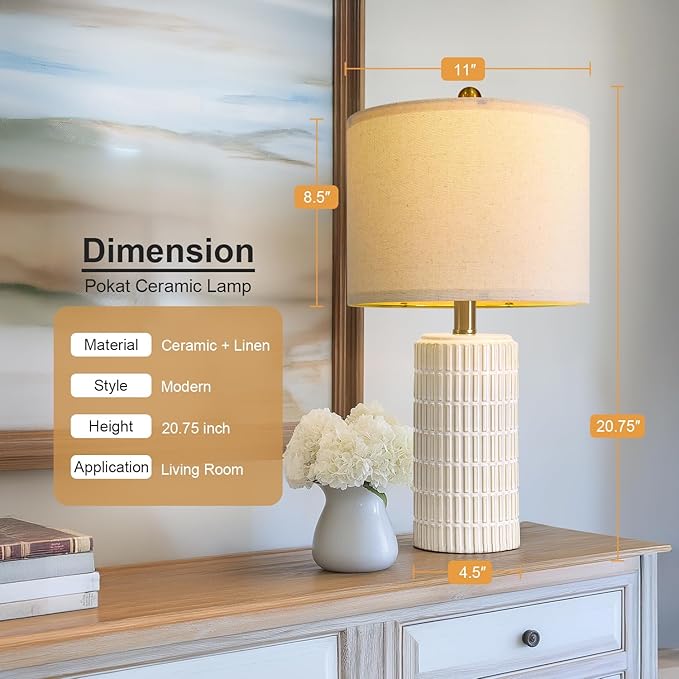 PoKat 20.75" Small Modern Ceramic Table Lamps Set of 2 for Bedroom, White Bedside Lamps for Night Stands, Farmhouse Desk Decor Gift Nightstand Table Lamps for Living Room End Table Beige