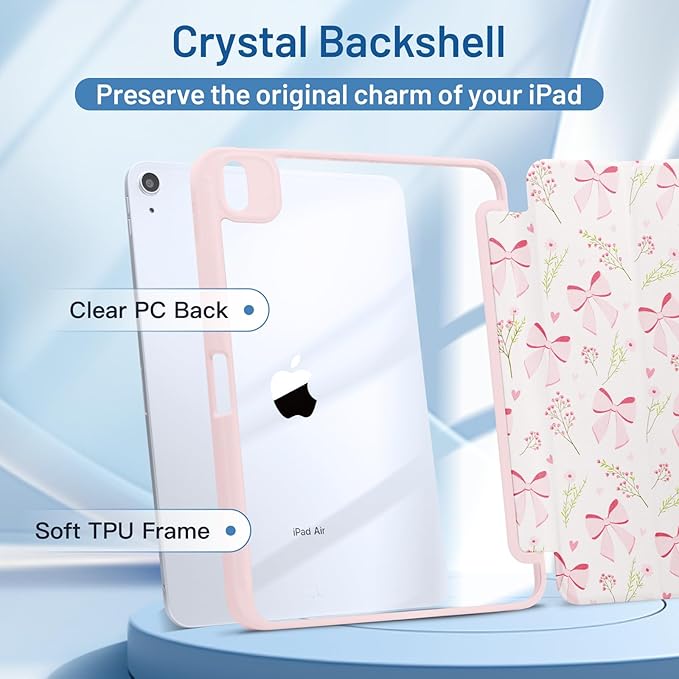 MrARTIST for iPad Air 11 Inch Case M3/M2 - Air 5th/4th Generation 10.9" Cute Women Girls Girly Kawaii Aesthetic Kawaii Design for Apple Air Tablet Cover with Pencil Holder, Bow Flowers