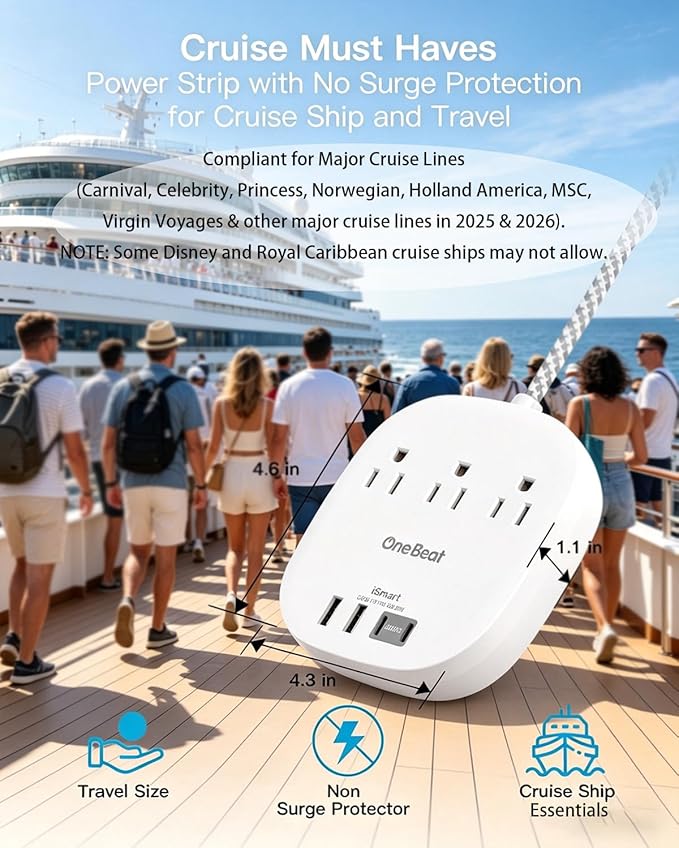 10 Ft Long Extension Cord, Cruise Ship Power Strip, 22.5W/4.5A Flat Plug Power Strip with 3 Oultets 4 USB(2 USB C) 10ft Power Strip No Surge Protection for Home Office College Dorm Room Essentials