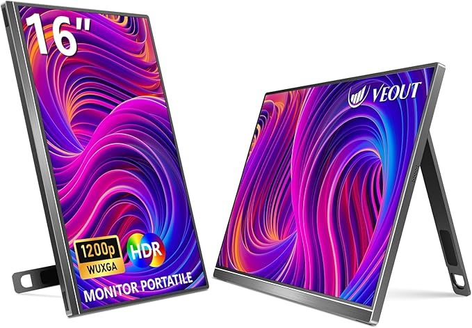 Veout 16" 1920×1200P IPS Portable Monitor for Laptop, Side/Vertical Monitor with Stand, USB-C & Mini HDMI, Second Screen for PC, MacBook, Phone & iPad, 4 Colors for Travel & Office