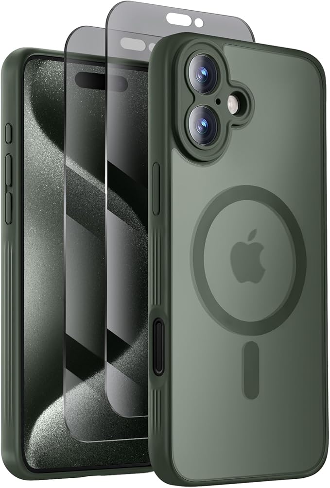 Symcele Designed for iPhone 16 Plus Case, Compatible with MagSafe, with Privacy Screen Protectors X2, [Camera Protection] [15FT Military Drop Protection] Shockproof Phone Case, 6.7", Alpine Green