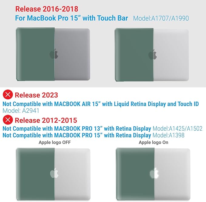 IBENZER Compatible with MacBook Pro 15 Inch Case 2019 2018 2017 2016 A1990 A1707, Hard Shell Case with Keyboard Cover & Type C Adapter for Mac Pro 15 Touch Bar, Midnitht Green, T15-MTGN+1TC
