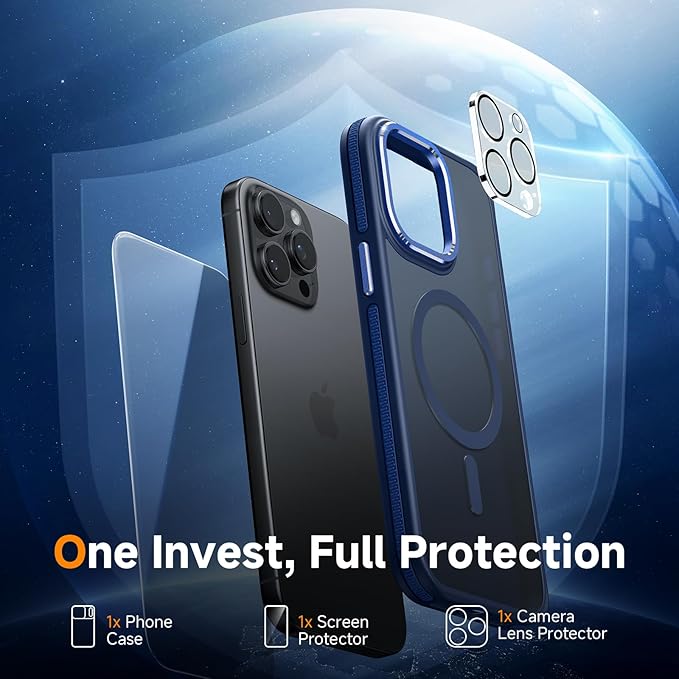 Magnetic 3 in 1 for iPhone 15 Pro Max Case, [Omni-Directional Protection] with 1x Screen Protector + 1x Camera Cover, [Seamless Work with Magsafe] Protective Silm Case for iPhone 15 Pro Max Blue