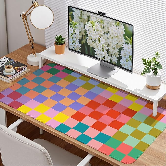 Checkered Desk Mat Retro Cute Mouse Pad XXL Large Mouse Pad, Desk Matt for Desktop Keyboard Pad Mouse Mat Computer Decor with Stitched Edges 31.5 X 15.7In