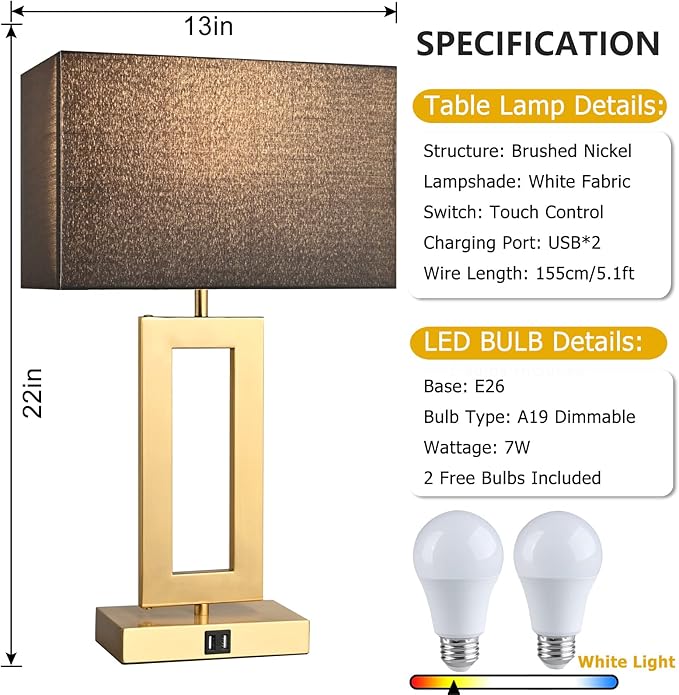 22'' Black&Gold Lamps for Bedrooms Set of 2, Touch Control Table Lamps with USB Ports, 3-Way Dimmable Bedside Nightstand Lamps, Modern Table Lamps for Living Room End Table, LED Bulbs Included