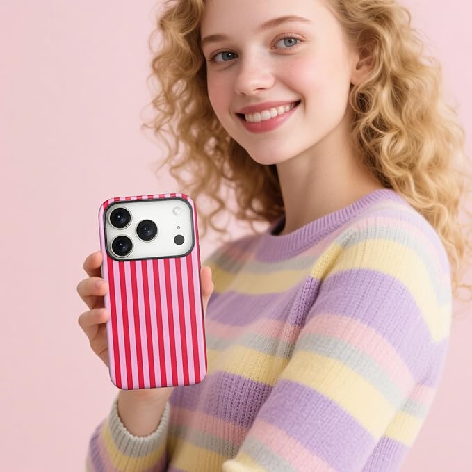 Magnetic for iPhone 17 Pro Case Cute Stripes Phone Case, Shockproof Slim TPU and Hard PC Protective Phone Cover Compatible with MagSafe Designed for Women Girls, Pink and White