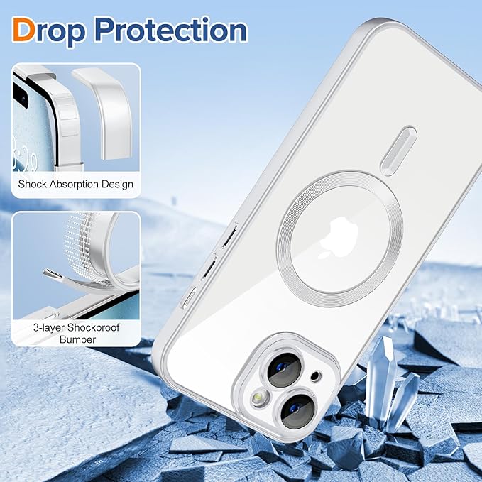 Hython Magnetic Clear for iPhone 15 Case with Camera Lens Protector [Compatible with MagSafe] Luxury Plating Edge Slim Soft TPU Cover Protective Phone Case for iPhone 15 6.1", Matte Silver