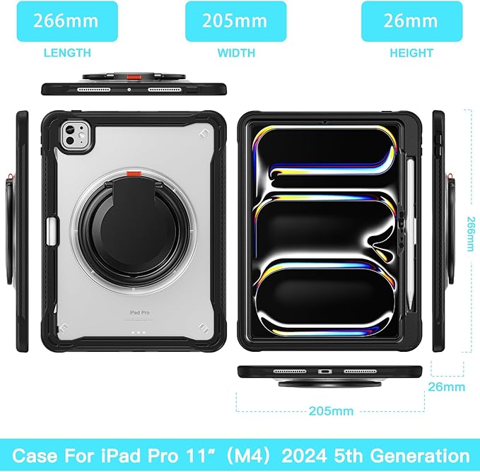 Batianda for iPad Pro 11 inch Case 2025 M5 2024 M4 Chip Lightweight Dual-Layer Protective Tablet Cover, Durable Shock-Absorbing Corners with 360° Rotating Kickstand Ring Built-in Pen Slot, Black