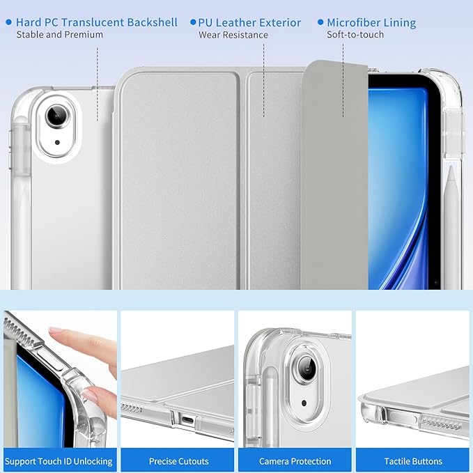 MoKo for iPad Air 11 inch Case (M4/M3/M2) 2026/2025/2024, iPad Air 5th/4th Gen 10.9 inch Case 2022/2020 with Pencil Holder, Slim Trifold Cover with Hard PC Translucent Back Shell, Silver