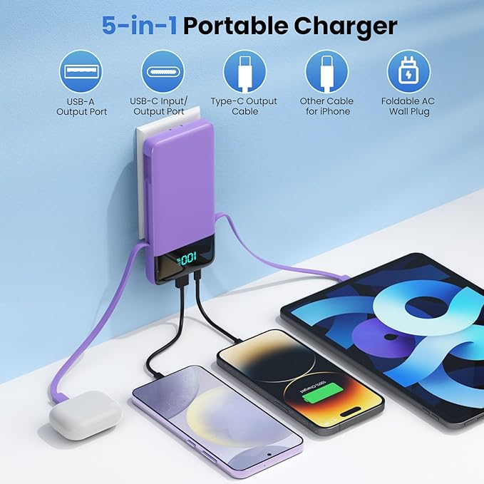 Portable Charger for iPhone,13800mAh Slim Power Bank with Built-in Cables & AC Wall Plug,All in One 4 Outputs USB C Fast Charging Battery Pack for iPhone 17/16/15/14,Android,Travel Essential (Purple)