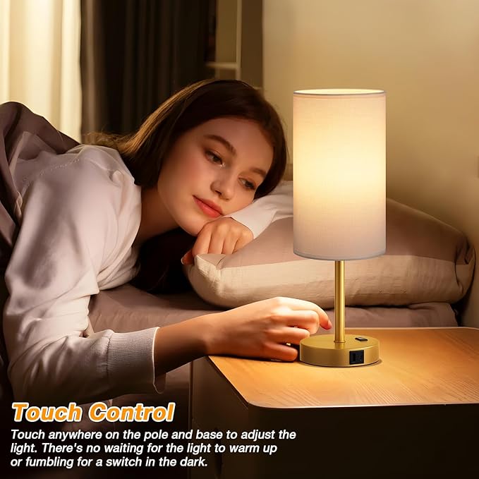 Dicoool Touch Bedside Table Lamp with USB - 3 Way Dimmable Gold Lamp for Bedroom Nightstand, Desk Lamp with Charging Station for Dorm, Office, Kids Room, Living Room