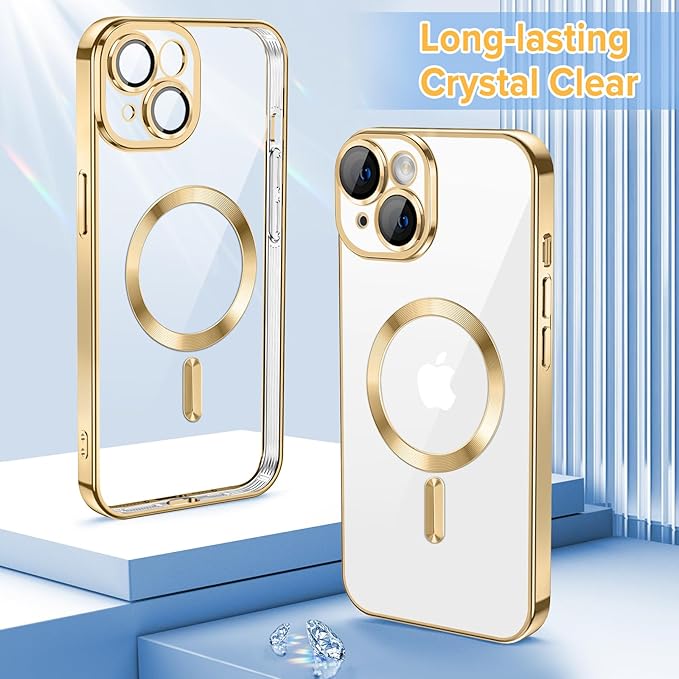 Hython Magnetic Clear for iPhone 15 Plus Case with Camera Lens Protector [Compatible with MagSafe] Luxury Plating Edge Slim Soft TPU Cover Protective Phone Case for iPhone 15 Plus 6.7", Gold