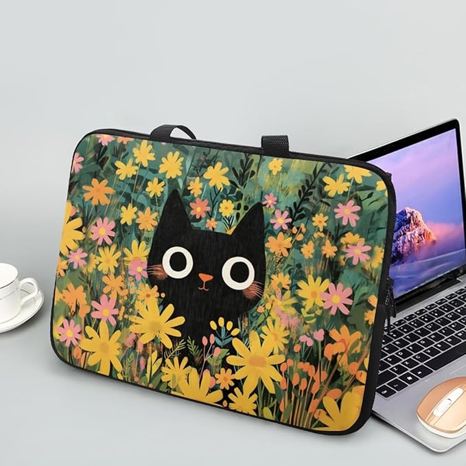 17 Inch Black Cat Flowers Laptop Sleeve Case, Sturdy Computer Bag Tablet Carrying Case with Handle, Tote Bags for Work/School/Travel, Large Capacity Notebook Messenger Briefcase