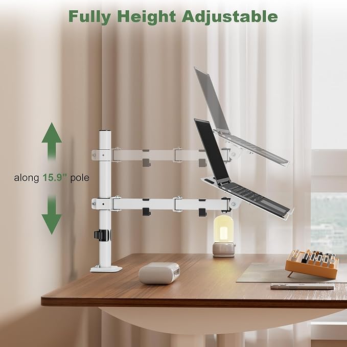 UPGRAVITY White Laptop Desk Mount with Vented Tray for Notebook up to 17 inch, Fully Adjustable Single Laptop Arm Stand Holds up to 17.6 lbs, Clamp on/Grommet Mounting