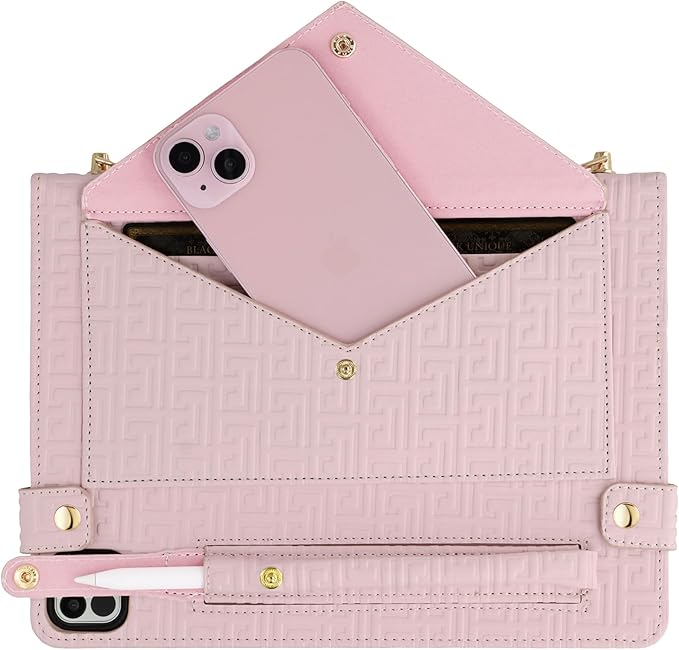 Handbag Case for iPad Pro 12.9" (6th/5th/4th Generation) & iPad Air 13" M3 M2, Techcircle Elegant Crossbody Folio Stand Wallet Case w/Pencil Holder, Card Slots, Hand+Shoulder Strap, Baby Pink