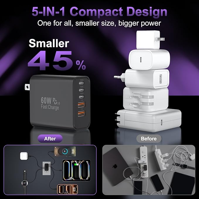 USB C Fast Wall Charger Block, 2Pack 60W USBC Charging Cubes, 5-Port PD+QC Power Adapter Multiport Brick Type C Box Plug for Phone 16/15/14/13/12/11/Pro Max/Plus, Pad Mini/Pro/S25/S24-Black