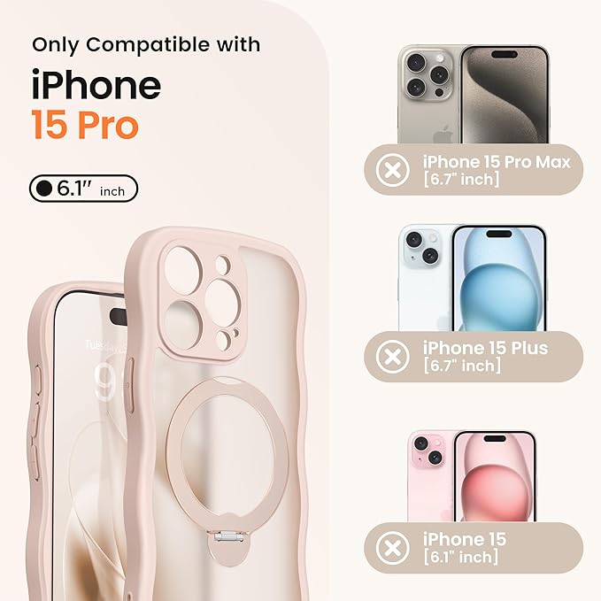 CAPRARO for iPhone 15 Pro Case with 360° Spin Magnetic Stand for Women, [Compatible with MagSafe] [Full Camera Protection] Cute Wave Translucent Matte Case for iPhone 15 Pro, Rose Gold