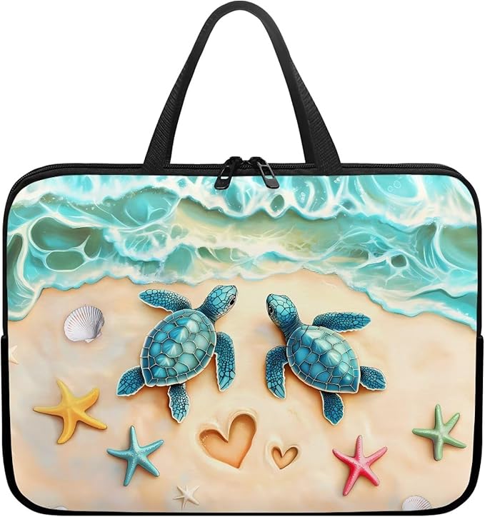 Sea Turtle Laptop Bag 13 Inch Computer Sleeve for Women Men Beach Starfish Padded Notebook Carrying Case with Handle Laptop Cover, Blue