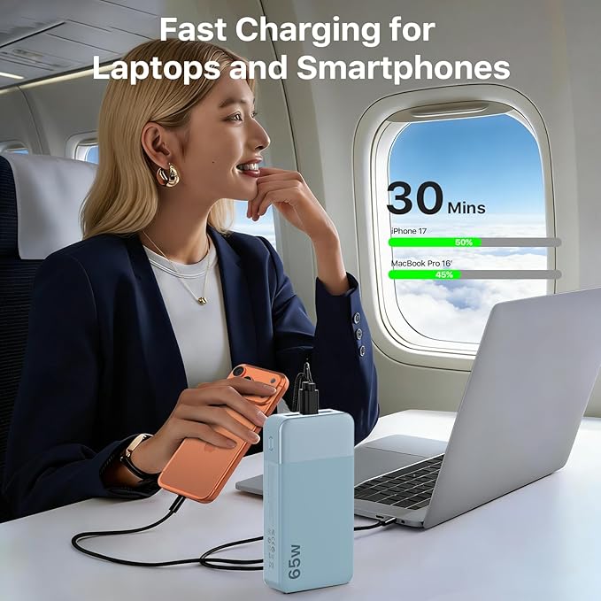 NOBIS Portable Charger, 20000mAh 65W Power Bank with 4 Output Ports, PD QC Fast Charging Travel Essential External Battery Pack for Laptop, MacBook, Phone, Pad (Blue)